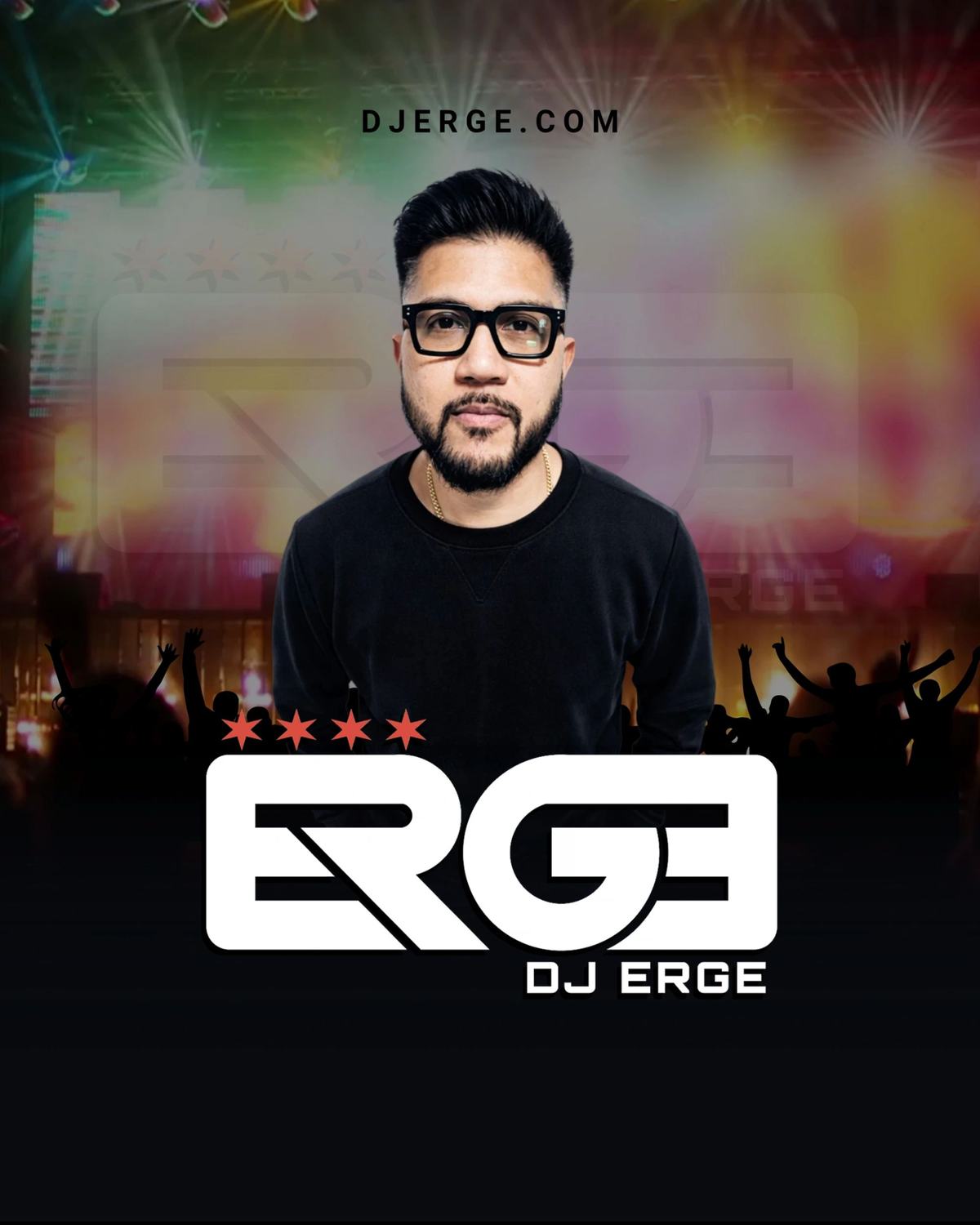 DJ Erge photographed in front of a club crowd, with the ERGE logo and Chicago flag stars